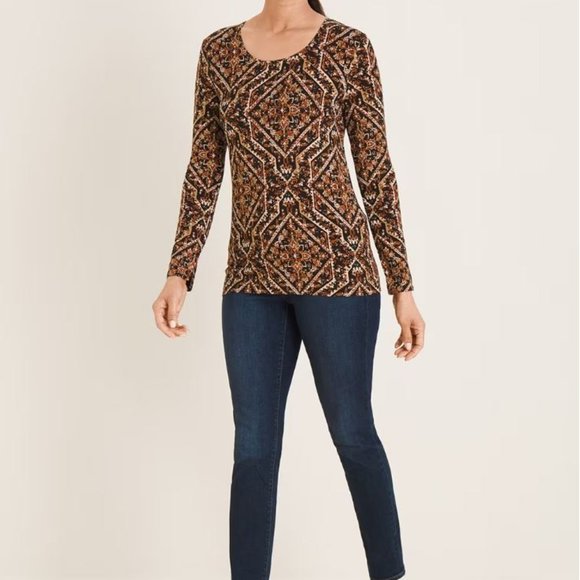 New CHICO'S Knit Tee Shirt Top Brown Multi Size 2 L - Picture 4 of 4